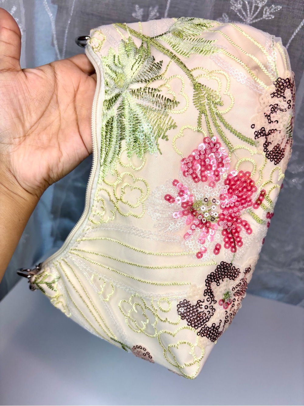 Y2K Sequin Cream Floral Shoulder Bag W/ Rhinestone Handle Cute Summer Spring Bag